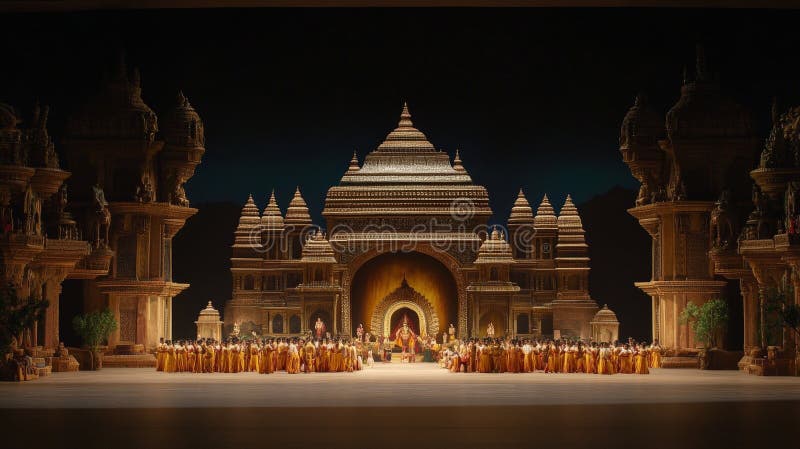 Ensemble de scène du palais indien majestueux. Un grand décor représentant un somptueux palais indien avec de nombreux danseurs en tenue traditionnelle disposés devant. La scène est éclairée de façon spectaculaire, mettant en lumière les détails complexes de l'architecture.