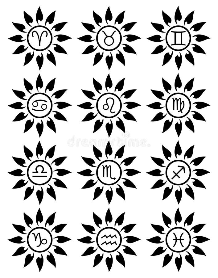 Illustration representing the symbols of the twelve signs of the Western Zodiac within a decorated and stylized sun. An illustration that can be used as a tribal tattoo, decoration or icon for all projects involving astrology, zodiac and horoscope. Illustration representing the symbols of the twelve signs of the Western Zodiac within a decorated and stylized sun. An illustration that can be used as a tribal tattoo, decoration or icon for all projects involving astrology, zodiac and horoscope.