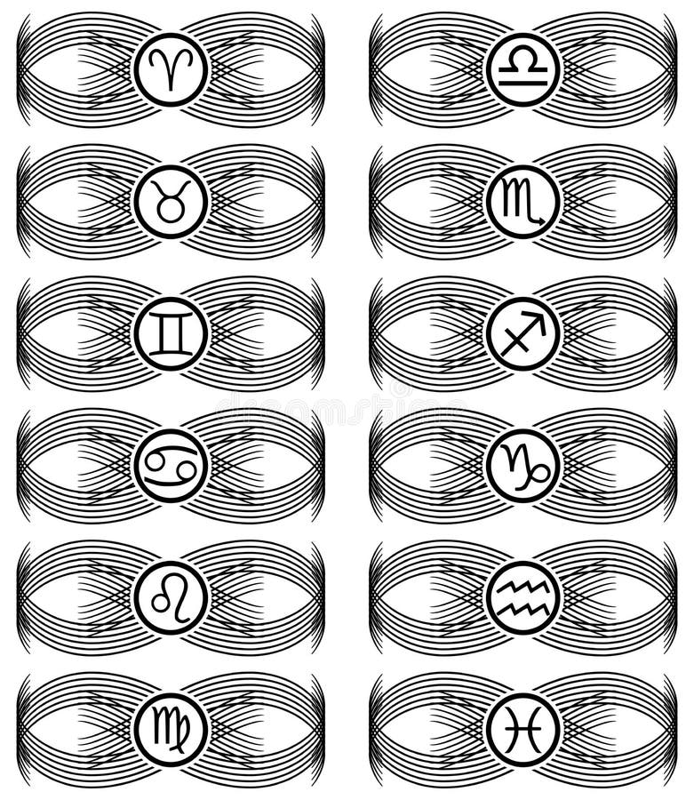 Illustration representing the twelve zodiac sings on an abstract and elegant decoration. An idea for tattoos. Illustration representing the twelve zodiac sings on an abstract and elegant decoration. An idea for tattoos