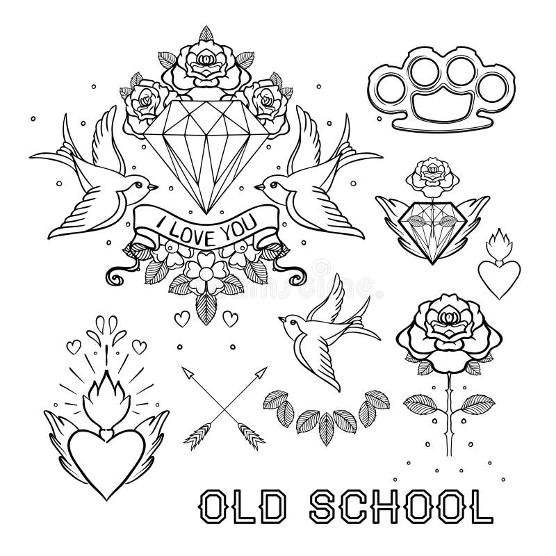 Ensemble de tatouage de vieille école Éléments classiques de griffonnage de tatouage de vecteur : la Floride illustration stock Ensemble de tatouage de vieille école Éléments classiques de griffonnage de tatouage de vecteur : la Floride illustration stock