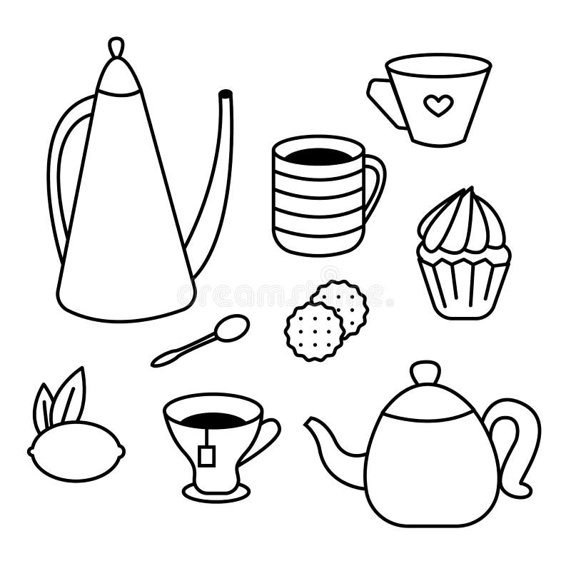 Ensemble de temps de thé de pots de thé, de tasses de café, de gâteaux, de petits pains, de casse-croûte et de desserts Livre de illustration libre de droits Ensemble de temps de thé de pots de thé, de tasses de café, de gâteaux, de petits pains, de casse-croûte et de desserts Livre de illustration libre de droits