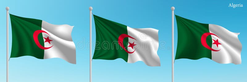 Ensemble de trois drapeaux de l'algérie agitant sur des mâts avec un ciel bleu vif.