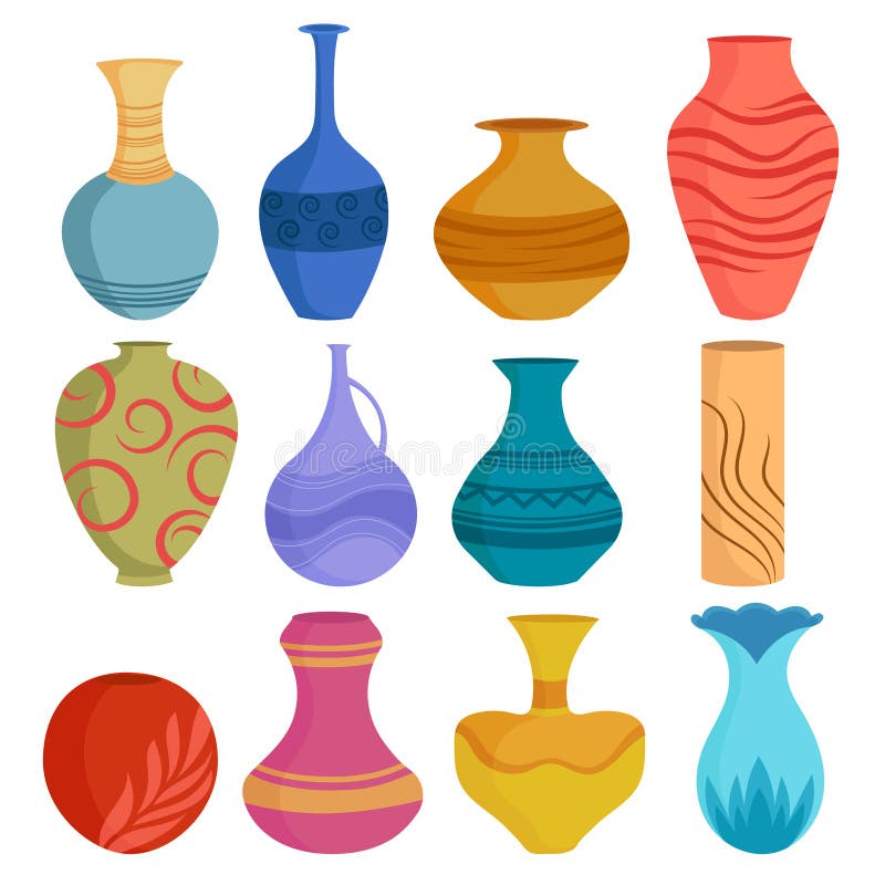 Ensemble de vases en céramique caricaturale Vase en céramique colorée, tasses de poterie anciennes aux fleurs, fleuries et abstra