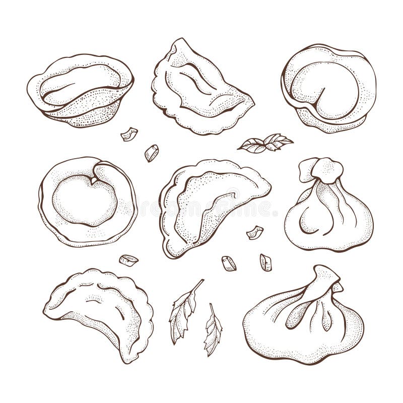 Ensemble de vecteur de boulettes avec l'épice Ravioli tirés par la main de croquis Vareniki Pelmeni Boulettes de viande Nourritur illustration libre de droits Ensemble de vecteur de boulettes avec l'épice Ravioli tirés par la main de croquis Vareniki Pelmeni Boulettes de viande Nourritur illustration libre de droits