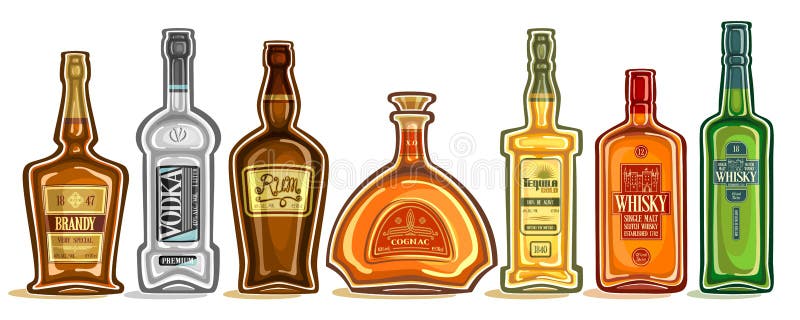 Vector Set of Alcohol Bottles, group of cut out illustrations of hard spirit drinks in bottles with decorative labels, lot collection of cartoon liquor bottles in a row on white background. Vector Set of Alcohol Bottles, group of cut out illustrations of hard spirit drinks in bottles with decorative labels, lot collection of cartoon liquor bottles in a row on white background