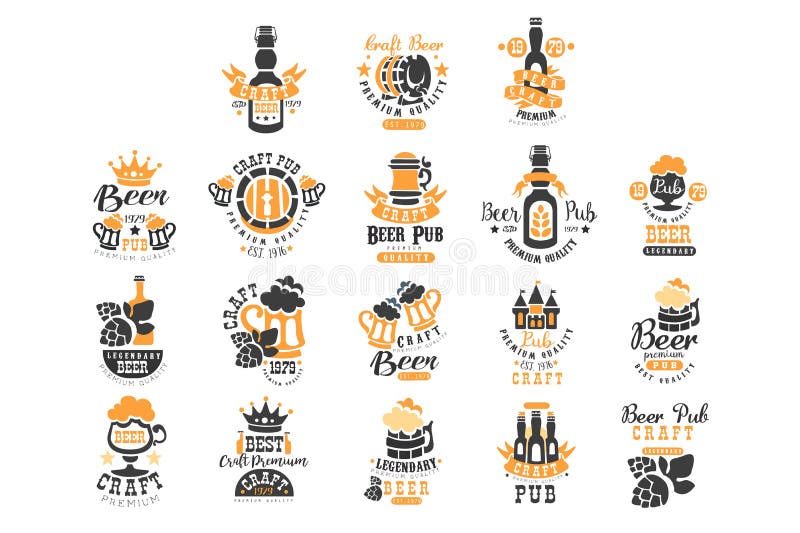 Ensemble de vecteur de calibres noirs et oranges originaux de logo de bi?re Th?me de boisson alcoolis?e Embl?mes pour l'emballage illustration libre de droits Ensemble de vecteur de calibres noirs et oranges originaux de logo de bi?re Th?me de boisson alcoolis?e Embl?mes pour l'emballage illustration libre de droits