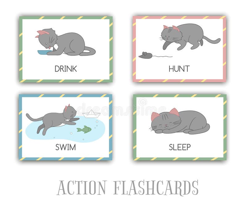 Ensemble de vecteur de cartes flash d'actions avec le chat illustration de vecteur Ensemble de vecteur de cartes flash d'actions avec le chat illustration de vecteur