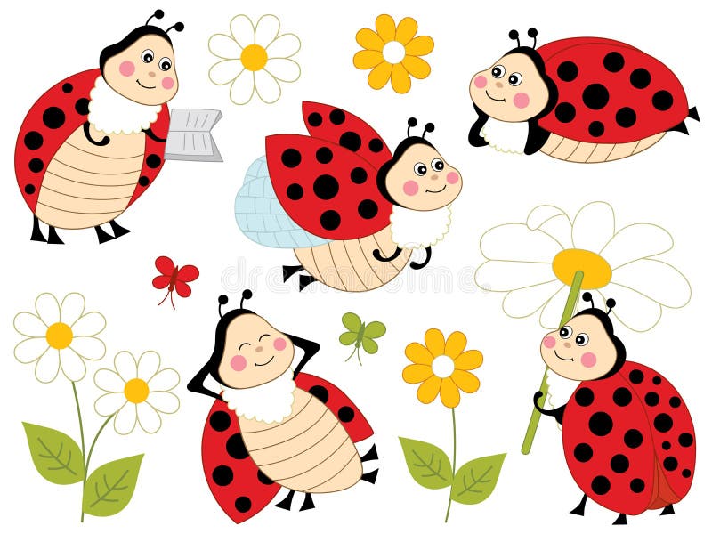 Ensemble de vecteur de coccinelles et de fleurs mignonnes de bande dessinée illustration de vecteur