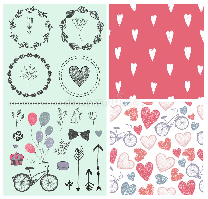Ensemble de vecteur d'éléments de conception de mariage de vintage, invitation Modèles tirés par la main sans couture de griffonn illustration stock