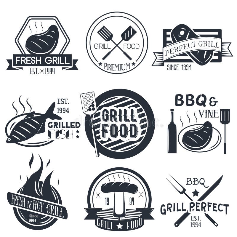 Ensemble de vecteur de gril et labels de BBQ dans le style de vintage illustration libre de droits Ensemble de vecteur de gril et labels de BBQ dans le style de vintage illustration libre de droits