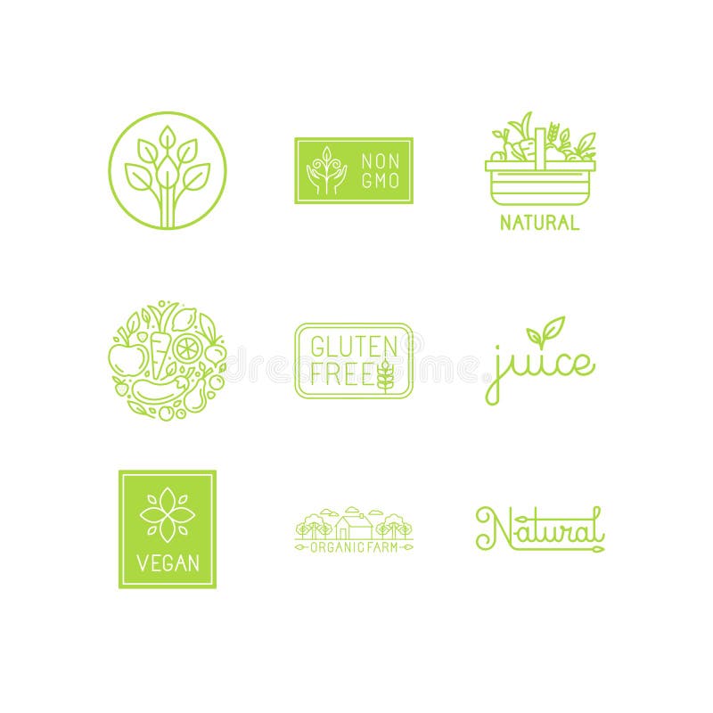 Ensemble de vecteur de vert et labels et insignes de produits biologiques illustration libre de droits Ensemble de vecteur de vert et labels et insignes de produits biologiques illustration libre de droits