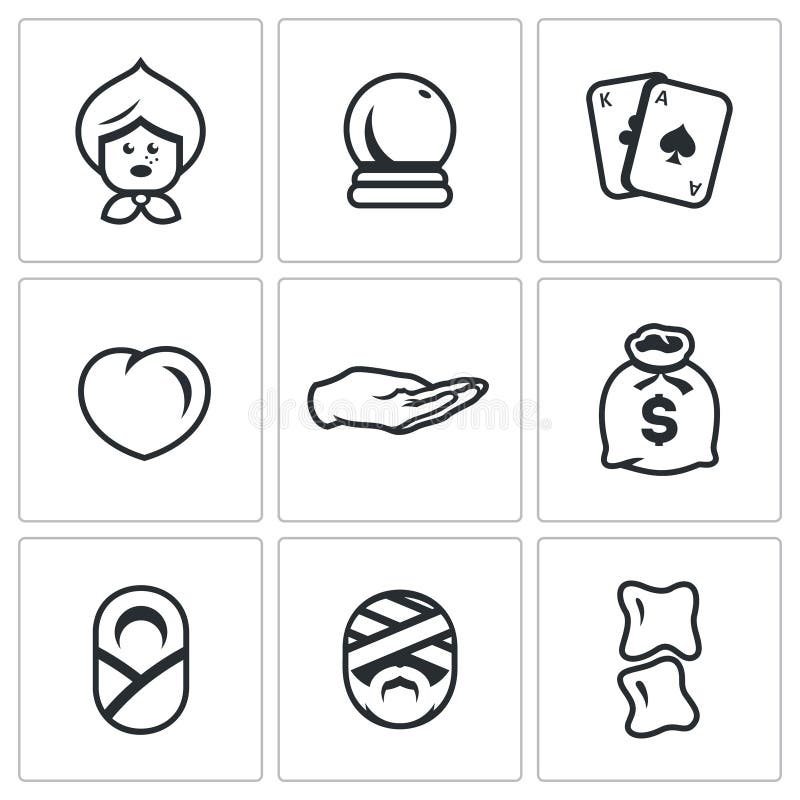 Ensemble de vecteur des icônes de scombre et de guérisseur Grand-maman, boule magique, tarot, amour, paume de divination, richess illustration stock Ensemble de vecteur des icônes de scombre et de guérisseur Grand-maman, boule magique, tarot, amour, paume de divination, richess illustration stock