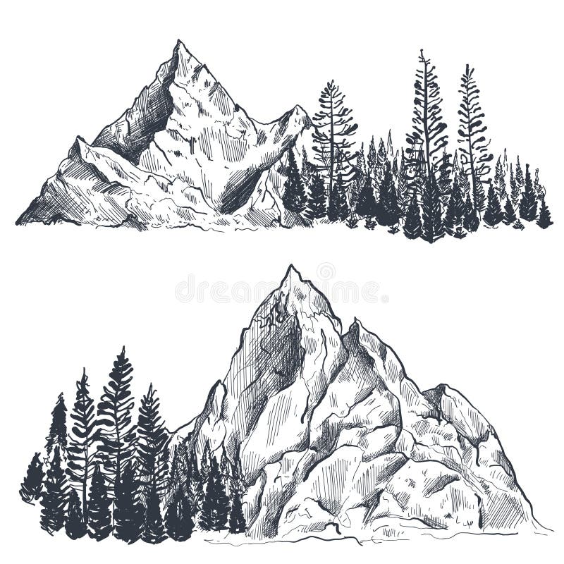 Ensemble de vecteur de gammes de montagne graphiques tirées par la main avec la forêt de pin illustration stock Ensemble de vecteur de gammes de montagne graphiques tirées par la main avec la forêt de pin illustration stock