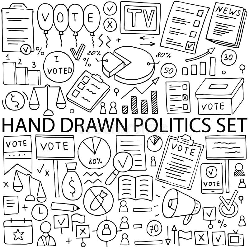 Ensemble de vecteur à la main dessiné par icônes politiques. Gribouillage sur le thème de la politique et des élections.