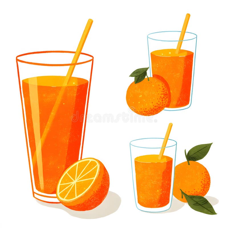 Ensemble de verres avec jus d'orange et oranges en style vectoriel isolé sur fond blanc illustration de vecteur