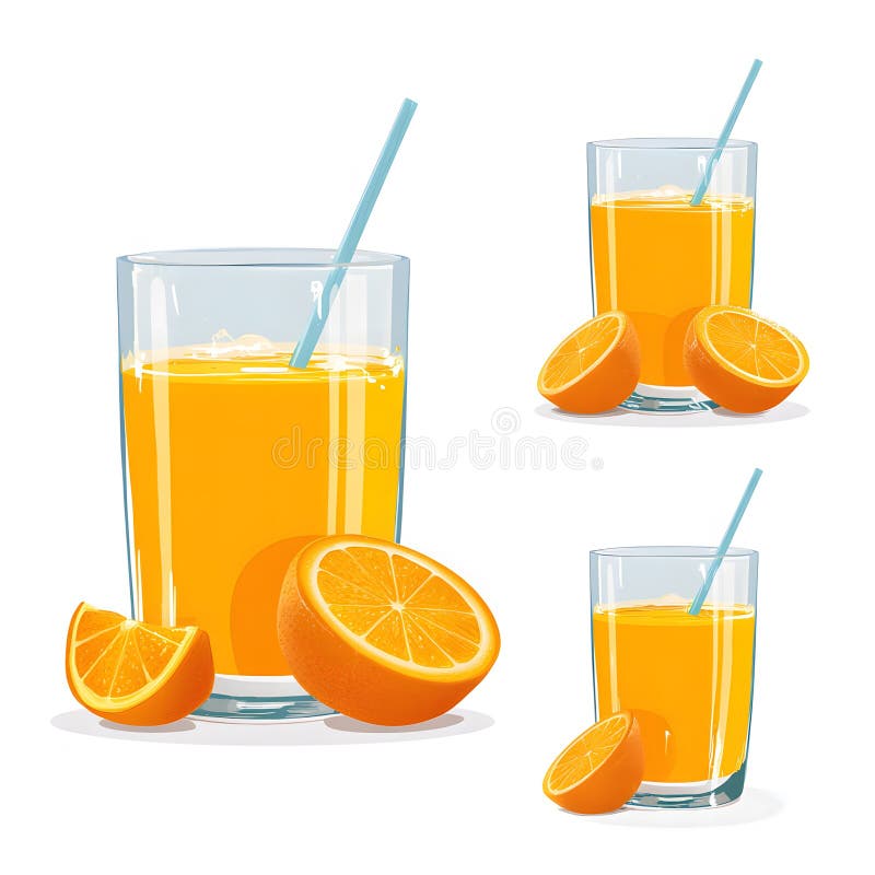 Ensemble de verres avec jus d'orange et oranges en style vectoriel isolé sur fond blanc illustration de vecteur