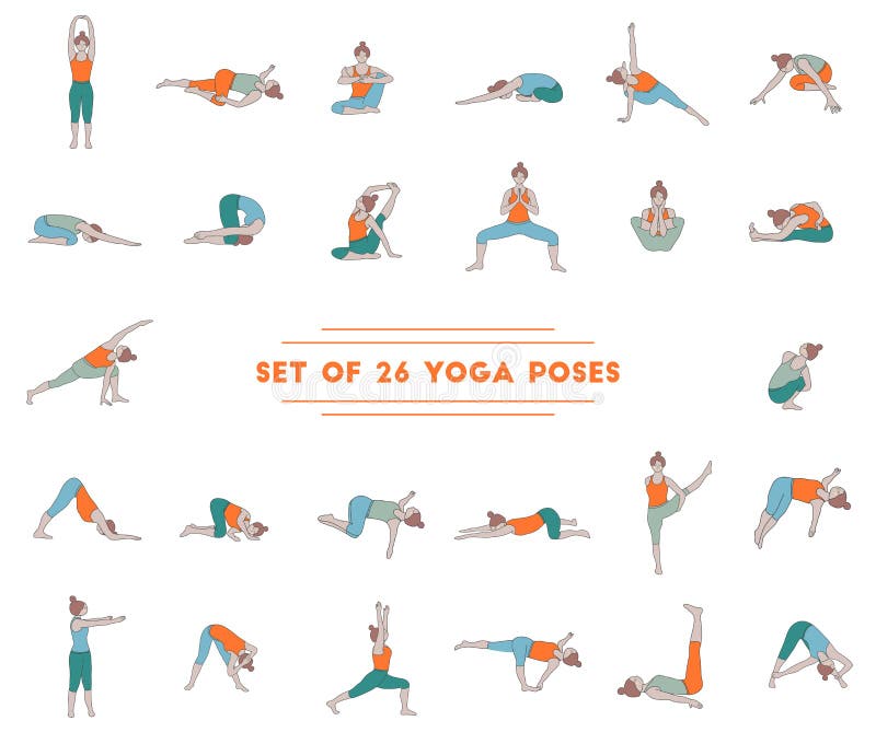 Ensemble de vingt-six poses de yoga illustration stock