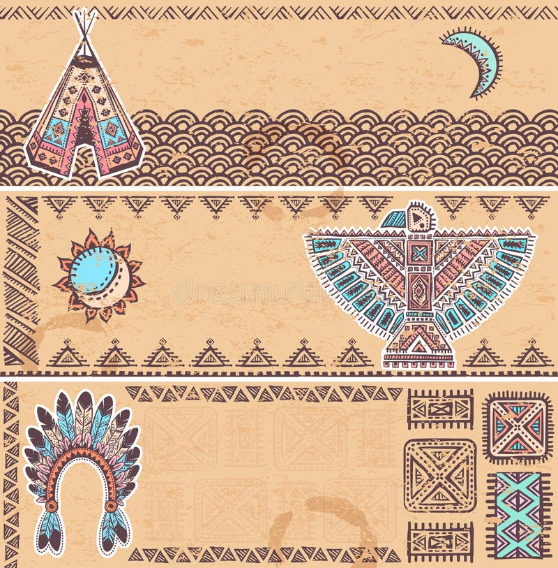 Ensemble de vintage de bannières de natif américain illustration de vecteur Ensemble de vintage de bannières de natif américain illustration de vecteur