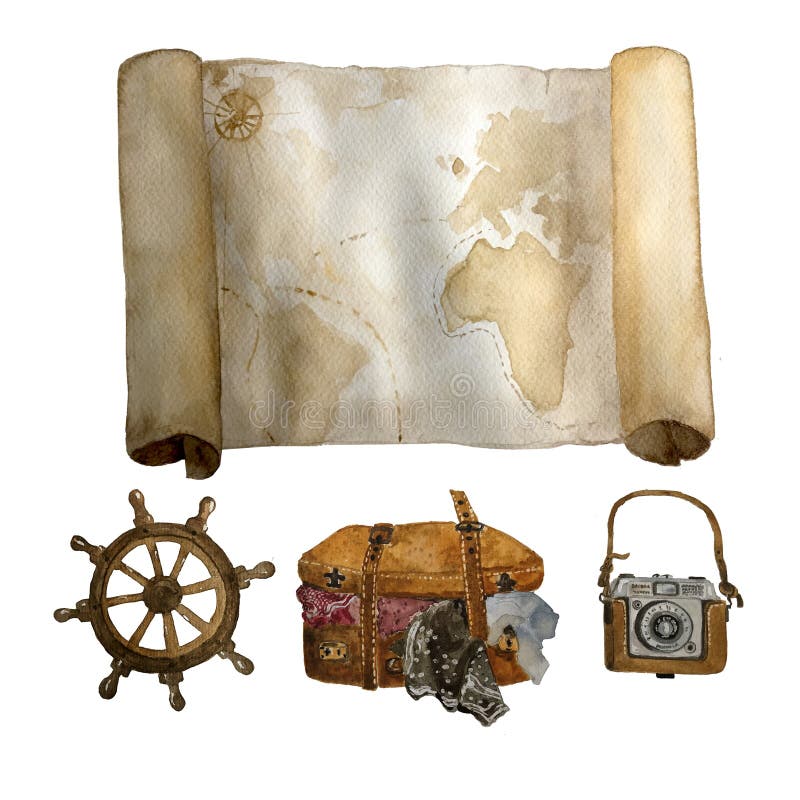Ensemble de voyage de cru d'aquarelle de vieille carte, de volant de mer, de suitecase en cuir et de tiré par la main de caméra d photographie stock libre de droits