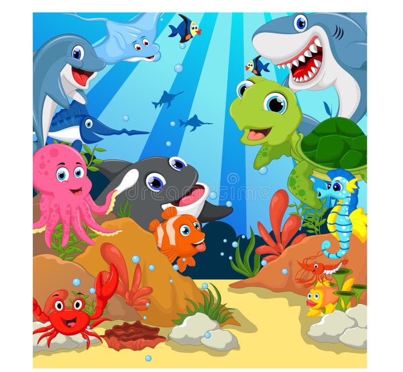 Ensemble drôle de bande dessinée d'animaux de mer illustration stock Ensemble drôle de bande dessinée d'animaux de mer illustration stock