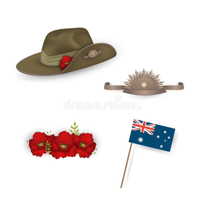 Ensemble du drapeau australien, chapeau de slouch australien d'armée d'Anzac avec le pavot rouge, fleurs décoratives de pavots d' illustration de vecteur Ensemble du drapeau australien, chapeau de slouch australien d'armée d'Anzac avec le pavot rouge, fleurs décoratives de pavots d' illustration de vecteur