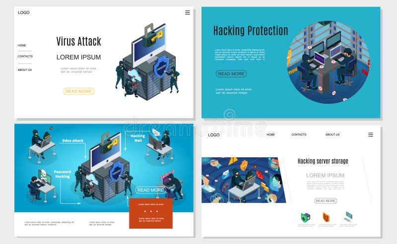 Ensemble isométrique de sites Web d'activité de pirate informatique illustration stock Ensemble isométrique de sites Web d'activité de pirate informatique illustration stock