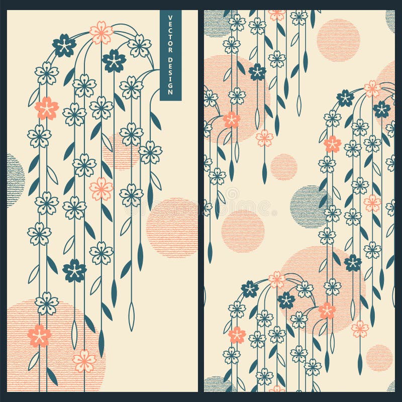 Ensemble japonais avec des cartes de vecteur et modèle sans couture de vecteur avec les ornements et les fleurs japonais traditio illustration libre de droits Ensemble japonais avec des cartes de vecteur et modèle sans couture de vecteur avec les ornements et les fleurs japonais traditio illustration libre de droits