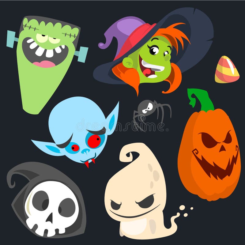 Ensemble mignon d'icône de caractères de Halloween de bande dessinée Monstre, sorcière, vampire, tête de potiron, mort et fantôme illustration libre de droits Ensemble mignon d'icône de caractères de Halloween de bande dessinée Monstre, sorcière, vampire, tête de potiron, mort et fantôme illustration libre de droits