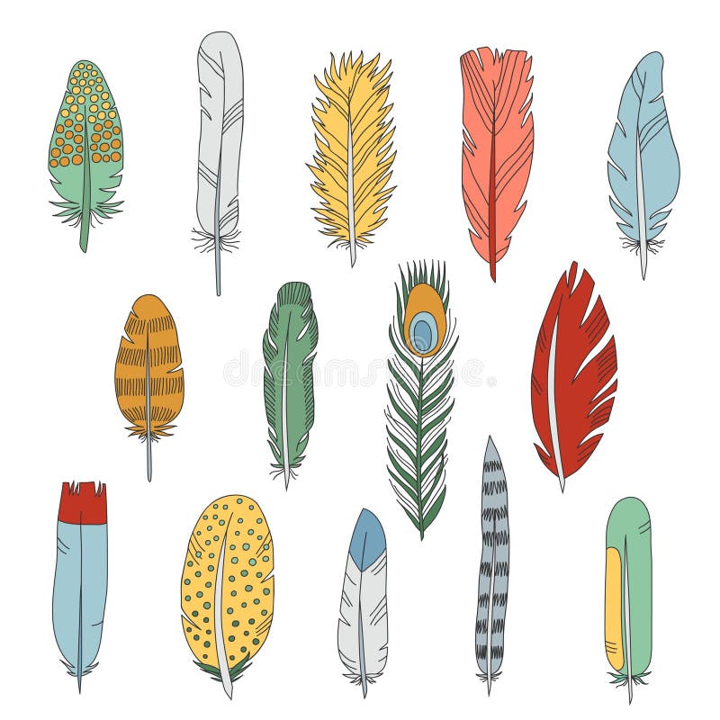 Feathers doodle hand drawn multicolored icons vector set. Feathers doodle hand drawn multicolored icons vector set.