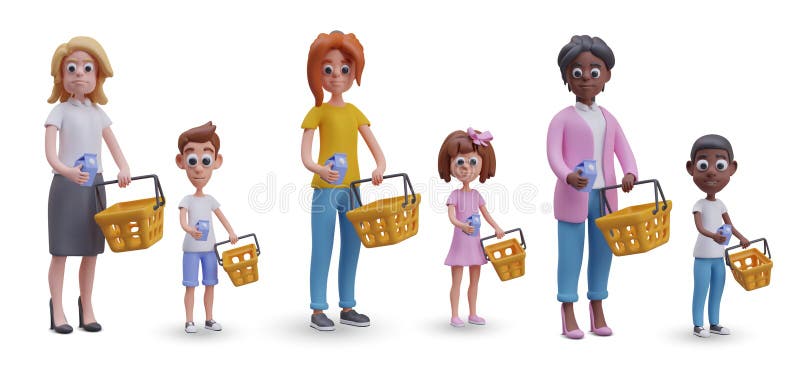 Set of multiethnic children and adult shoppers with shopping baskets. Templates for concepts of shopping with kids. 3D elements for advertising products of different age groups. Set of multiethnic children and adult shoppers with shopping baskets. Templates for concepts of shopping with kids. 3D elements for advertising products of different age groups