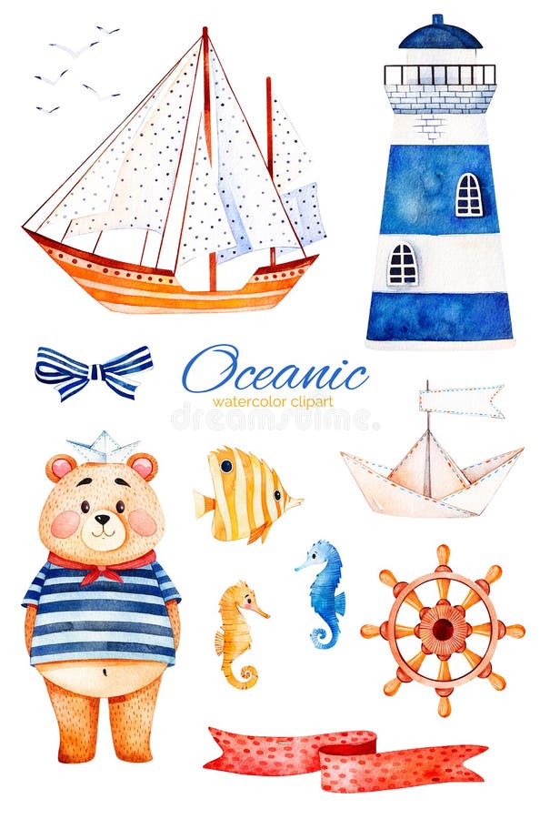 Nautical watercolor set. Ocean creature with cute bear,lighthouse,reef fishe,seahorse,ribbon and bow,sailboat etc.Perfect for invitations,party decorations,printable,craft project,greeting cards,blogs. Nautical watercolor set. Ocean creature with cute bear,lighthouse,reef fishe,seahorse,ribbon and bow,sailboat etc.Perfect for invitations,party decorations,printable,craft project,greeting cards,blogs