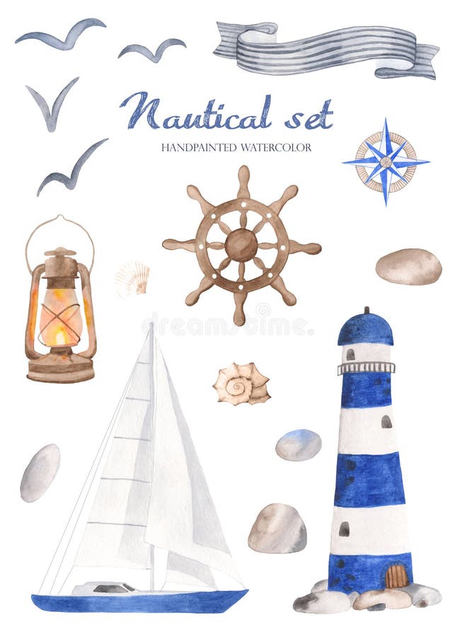 Ensemble nautique d'aquarelle sur un fond blanc illustration libre de droits Ensemble nautique d'aquarelle sur un fond blanc illustration libre de droits