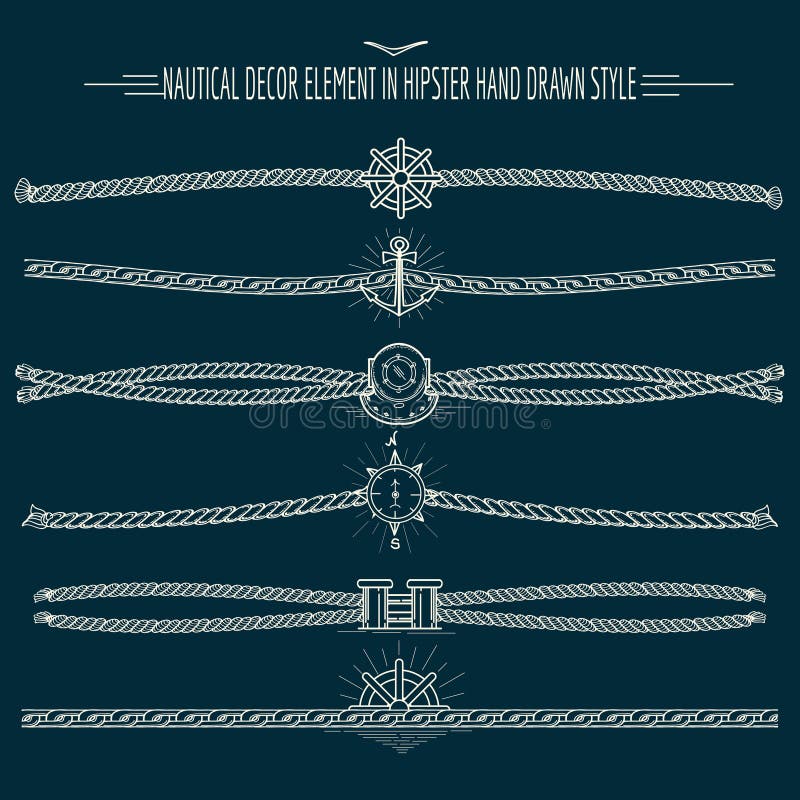 Set of nautical ropes and chains decor elements in hipster style. Hand drawn dividers and borders. Only free font used. Set of nautical ropes and chains decor elements in hipster style. Hand drawn dividers and borders. Only free font used.