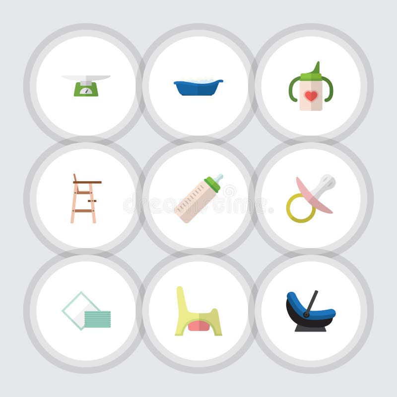 Ensemble plat d'enfant d'icône de mamelon, d'échelles d'enfants, de toilette et d'autres objets de vecteur Inclut également des e illustration libre de droits Ensemble plat d'enfant d'icône de mamelon, d'échelles d'enfants, de toilette et d'autres objets de vecteur Inclut également des e illustration libre de droits