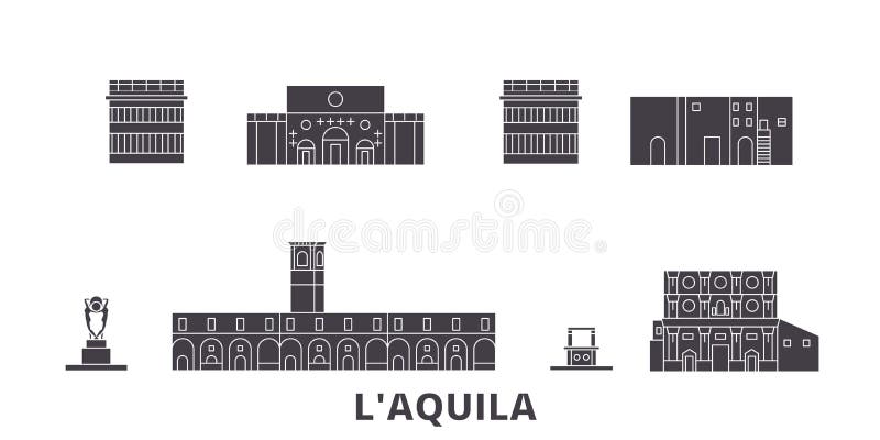 Ensemble plat d'horizon de voyage de l'Italie, L'Aquila Illustration de vecteur de ville de noir de l'Italie, L'Aquila, symbole