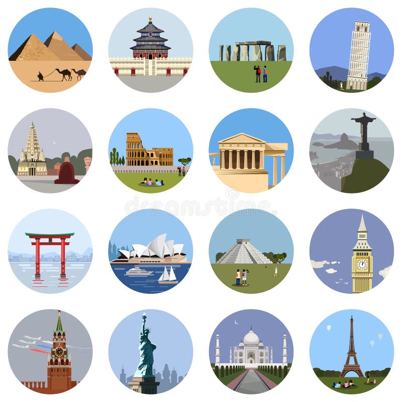 Ensemble plat d'icône de points de repère du monde illustration stock Ensemble plat d'icône de points de repère du monde illustration stock