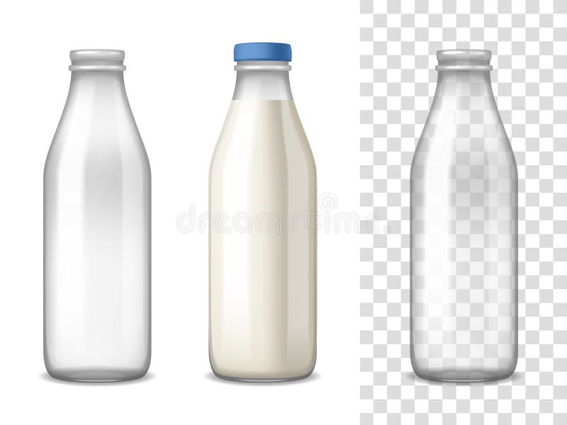 Empty and filled milk glass bottles realistic set on white and transparent isolated backgrounds vector illustration. Empty and filled milk glass bottles realistic set on white and transparent isolated backgrounds vector illustration