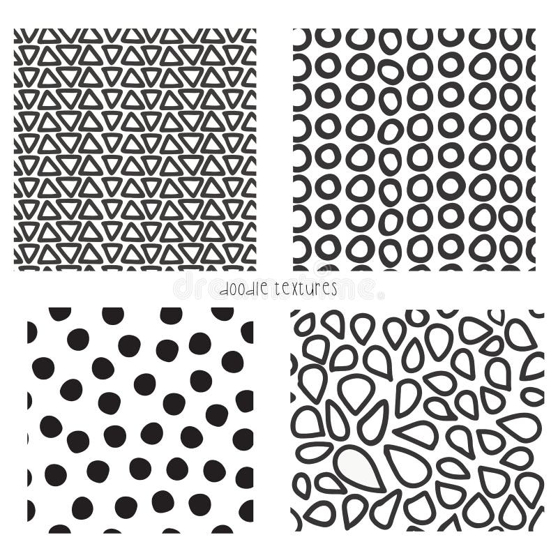 Ensemble sans couture de textures de griffonnage de vecteur de 4 Répétition des milieux des triangles noires et blanches, points, illustration de vecteur Ensemble sans couture de textures de griffonnage de vecteur de 4 Répétition des milieux des triangles noires et blanches, points, illustration de vecteur