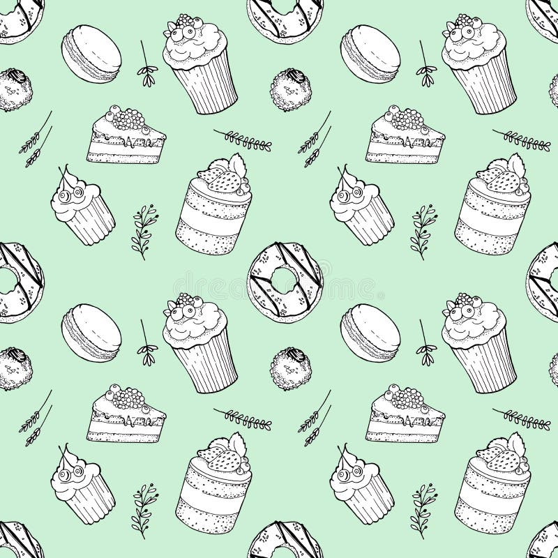 Ensemble sans couture tir? par la main de mod?le de g?teaux, beignet, macaron, sucrerie, petits pains avec des herbes sur le fond illustration stock Ensemble sans couture tir? par la main de mod?le de g?teaux, beignet, macaron, sucrerie, petits pains avec des herbes sur le fond illustration stock