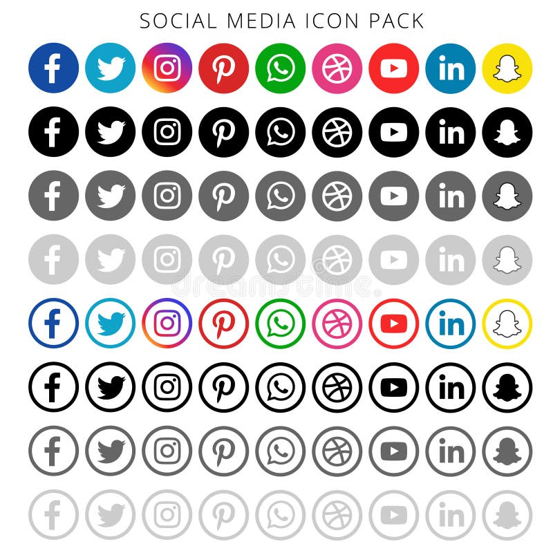Ensemble social d'ombrage coloré et noir et blanc d'icônes de médias du whatsapp pinterest d'instagram de facebook twitter