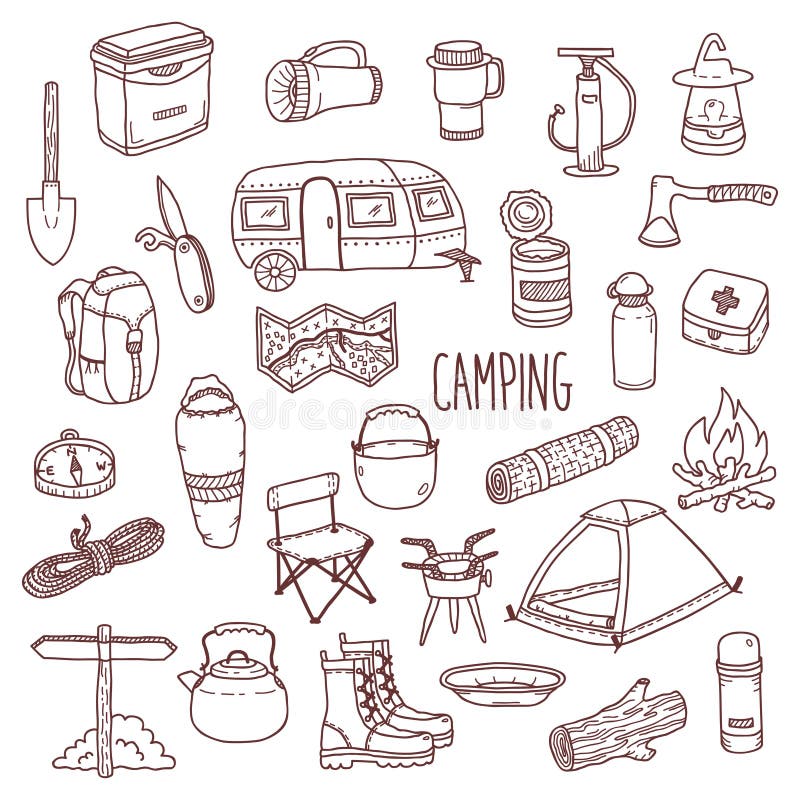 Ensemble tiré par la main d'icône de découpe de vecteur de camping illustration stock Ensemble tiré par la main d'icône de découpe de vecteur de camping illustration stock