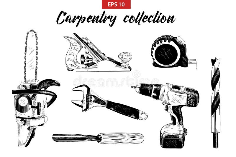 Ensemble tiré par la main de croquis d'outils de menuiserie d'isolement sur le fond blanc illustration de vecteur Ensemble tiré par la main de croquis d'outils de menuiserie d'isolement sur le fond blanc illustration de vecteur