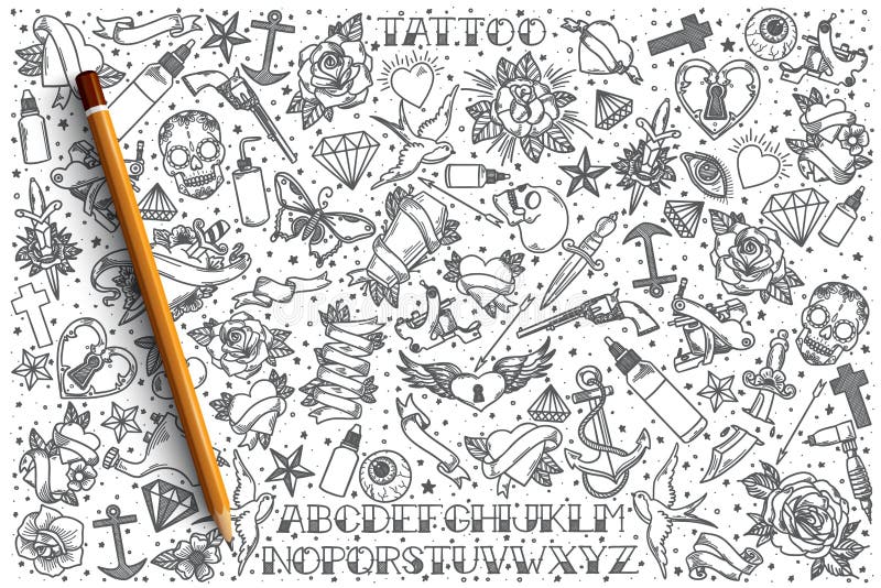 Ensemble tiré par la main de griffonnage de vecteur de tatouage illustration stock Ensemble tiré par la main de griffonnage de vecteur de tatouage illustration stock
