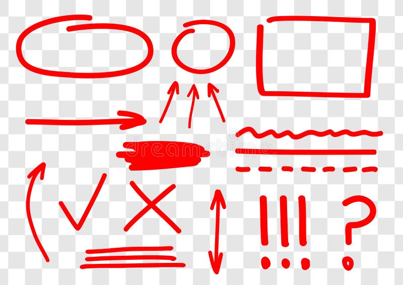 Ensemble tiré par la main de marques rouges de vecteur, de flèches, d'ingles, de lignes, d'amendements et de corrections Ligne ro illustration stock Ensemble tiré par la main de marques rouges de vecteur, de flèches, d'ingles, de lignes, d'amendements et de corrections Ligne ro illustration stock