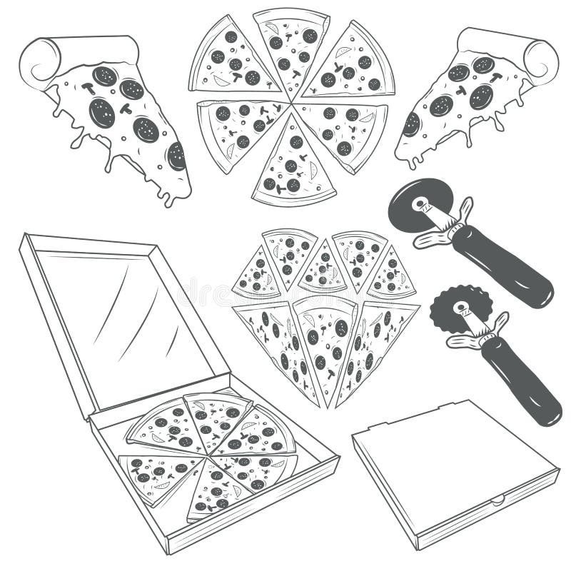 Ensemble tiré par la main de vecteur de tranches de pizza Labels de pizza, signes, symboles, icônes et éléments de conception illustration libre de droits Ensemble tiré par la main de vecteur de tranches de pizza Labels de pizza, signes, symboles, icônes et éléments de conception illustration libre de droits