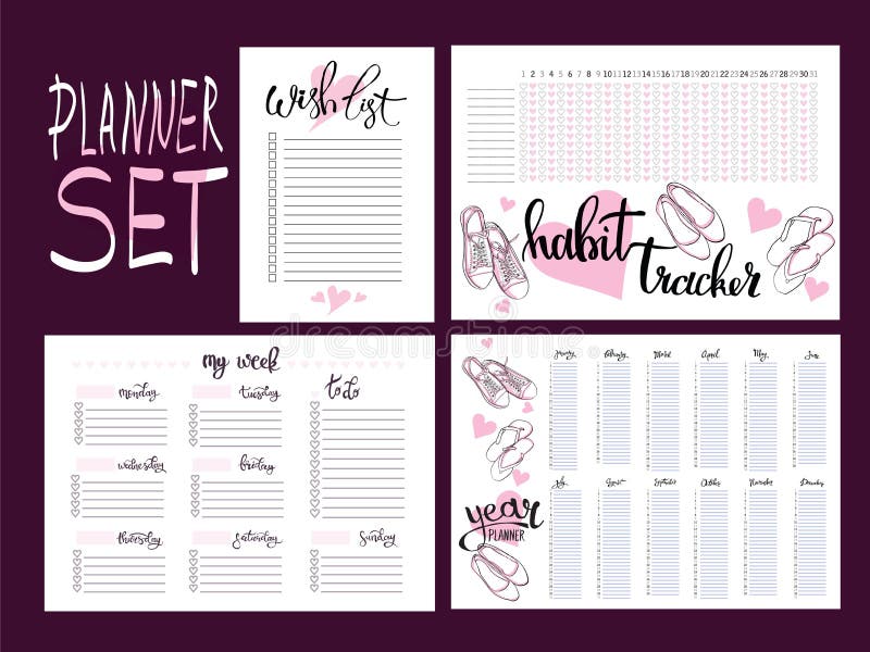 Ensemble : traqueur d'habitude, list d'envie, hebdomadaire et planificateur d'année illustration de vecteur Ensemble : traqueur d'habitude, list d'envie, hebdomadaire et planificateur d'année illustration de vecteur