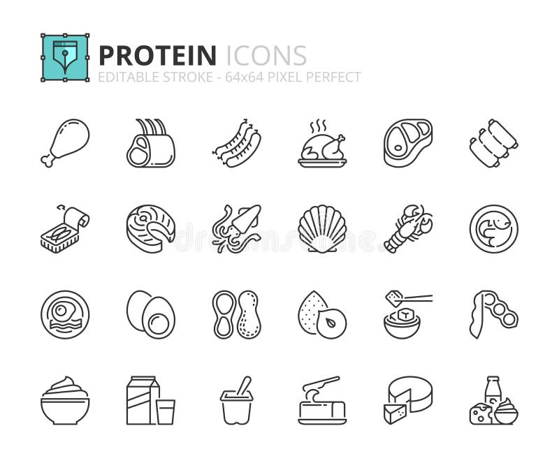 Ensemble unique d'icônes d'ensemble sur les protéines. Oeufs et produits laitiers de noix de légumineuses de fruits de mer de pois illustration libre de droits