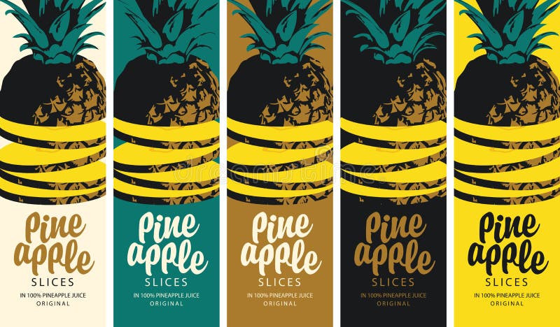 Set of labels for pineapple slices with calligraphic inscription and sliced pineapple fruit on various backgrounds. Vector illustrations. Canned pineapple choice slices in natural juice. Set of labels for pineapple slices with calligraphic inscription and sliced pineapple fruit on various backgrounds. Vector illustrations. Canned pineapple choice slices in natural juice