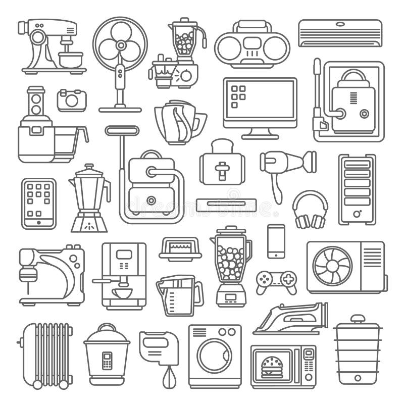 Line art style flat graphical set of home kitchen electronic device web site mobile app icons. Climate computer sewing washing coffee machine cooking blender boiler ironing. Lineart world collection. Line art style flat graphical set of home kitchen electronic device web site mobile app icons. Climate computer sewing washing coffee machine cooking blender boiler ironing. Lineart world collection.