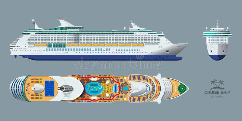 Enskild skiss av kryssningsfartyg. överst- och framvy. realistisk 3d-stomme. detaljerad ritning av modernt fartyg royaltyfri illustrationer